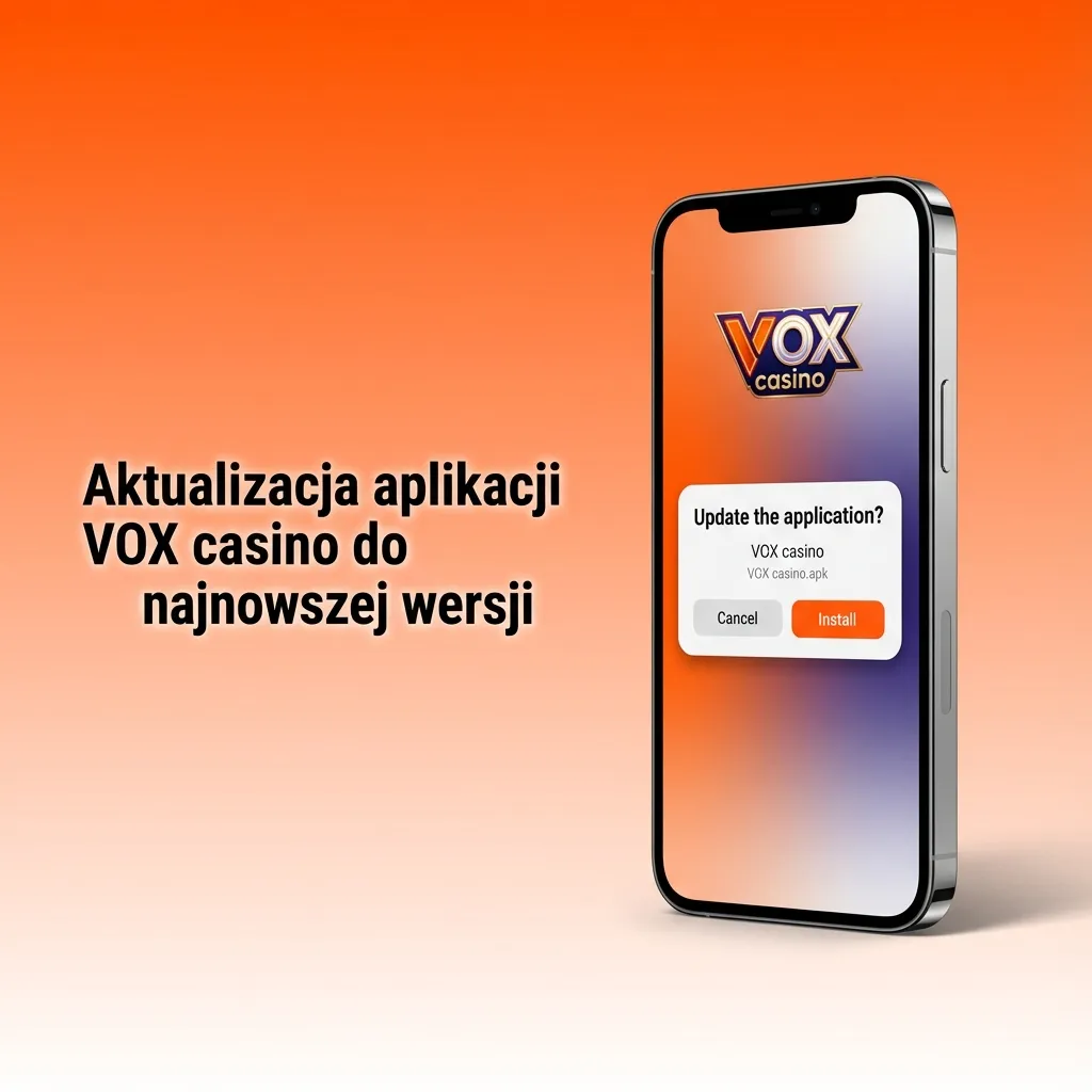 Ekran smartfona z komunikatem o dostępnej aktualizacji aplikacji VOX casino i przyciskiem „Zaktualizuj”