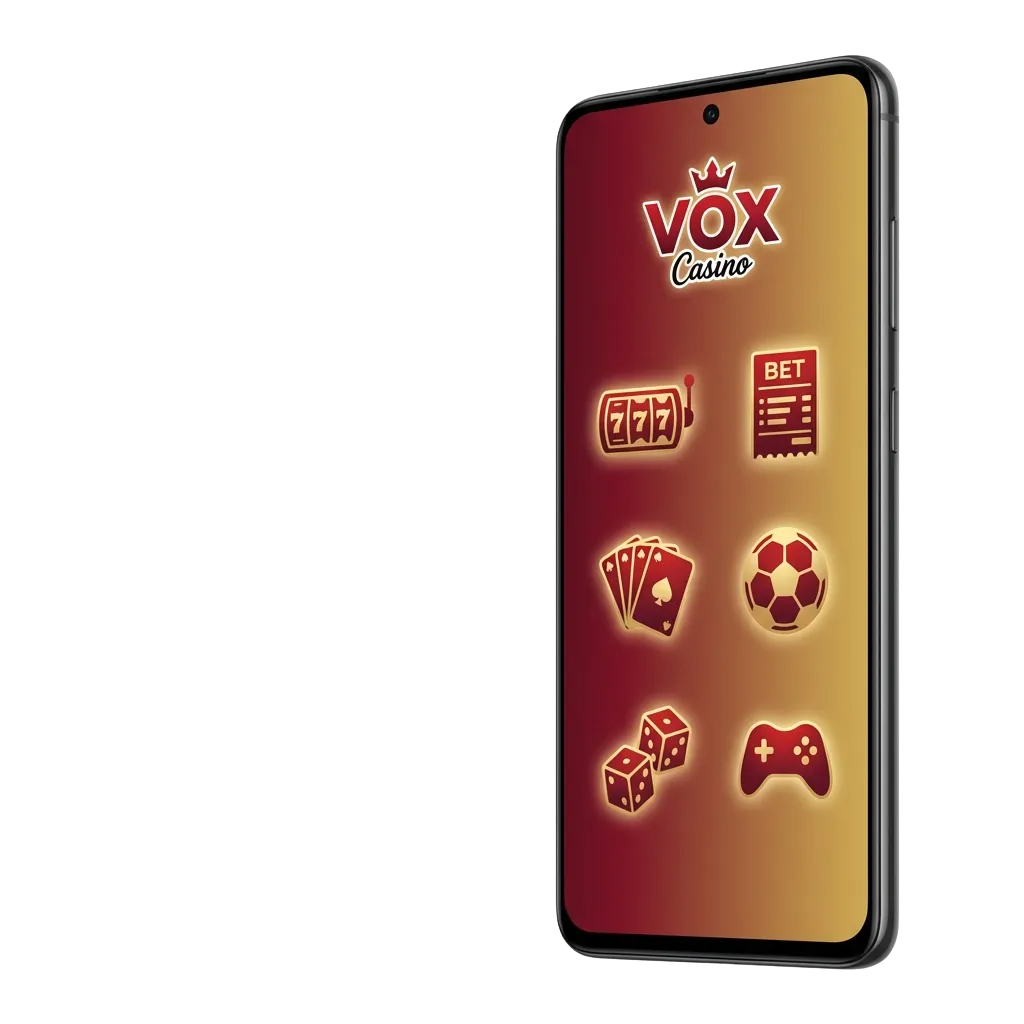 Ekran telefonu z aplikacją VOX casino na Androida, pokazujący opcje zakładów sportowych i gier kasynowych online