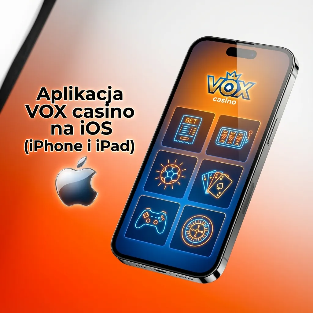 Ekran iPhone’a z otwartą aplikacją VOX casino, ikony zakładów sportowych, kasyna oraz opcji wpłat i wypłat
