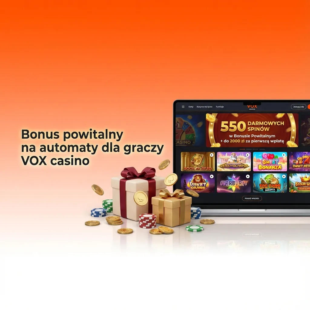 Grafika reklamowa VOX casino z pakietem powitalnym na automaty: bonus do 10 000 PLN i 600 darmowych spinów