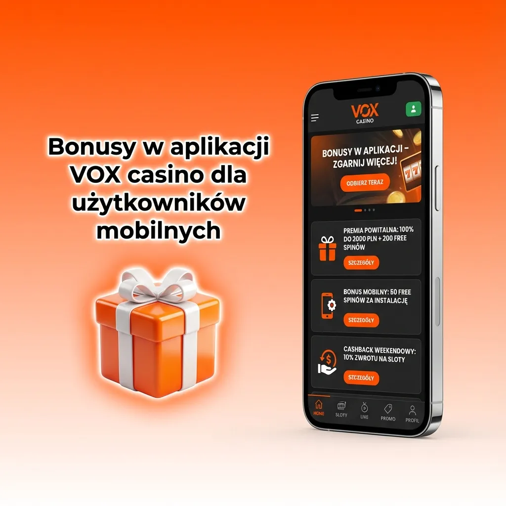 Ekran aplikacji VOX casino z bonusami: pakiet powitalny 10 000 PLN, 600 free spinów i darmowe zakłady sportowe.