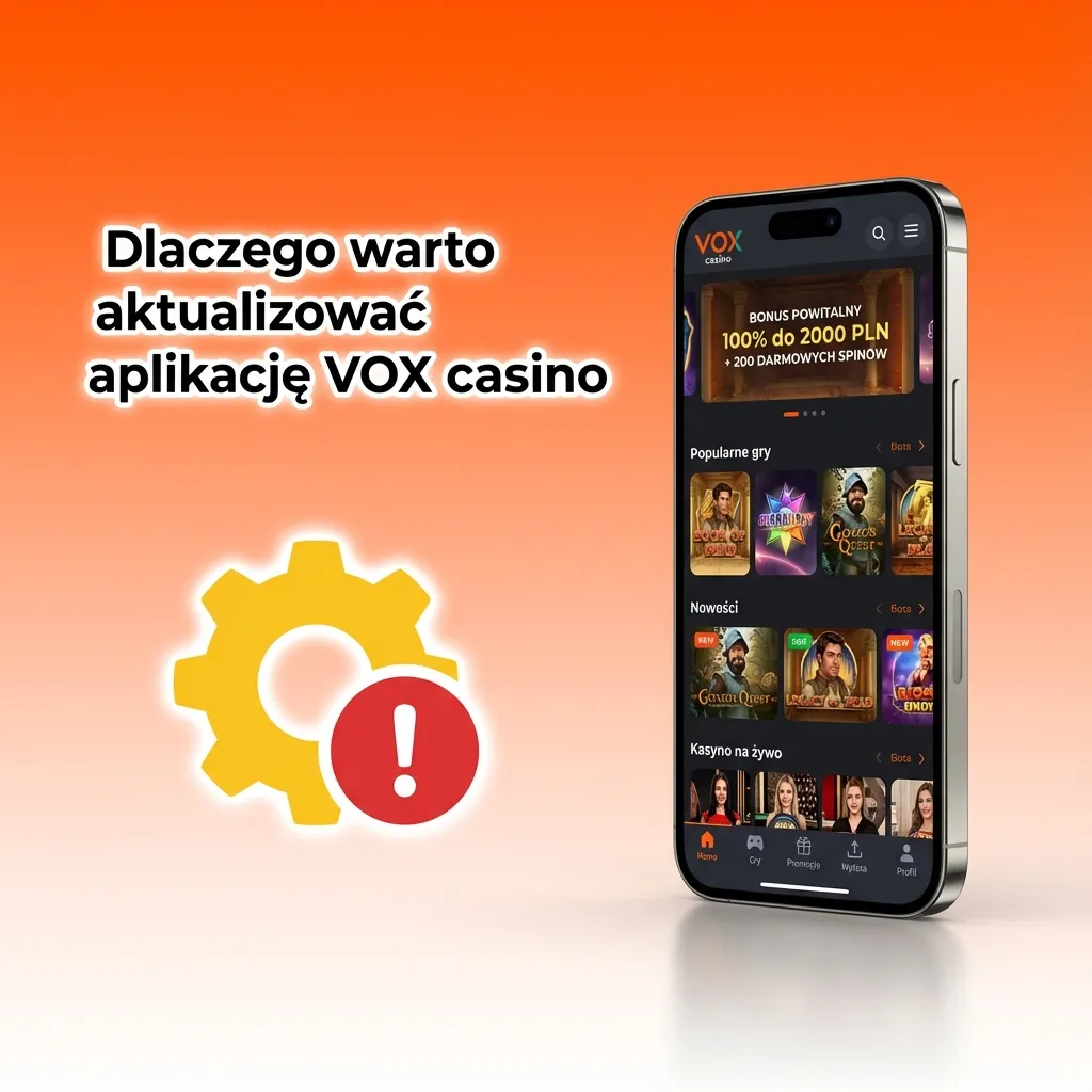 Ekran smartfona z aplikacją VOX casino i ikoną aktualizacji, symbolizujący szybszą, bezpieczniejszą i wygodniejszą grę