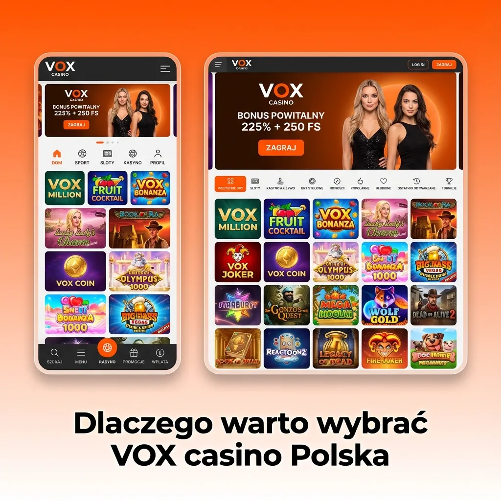 Grafika promująca VOX casino Polska z ofertą bonusu 10 000 PLN + 600 darmowych spinów i polskimi metodami płatności