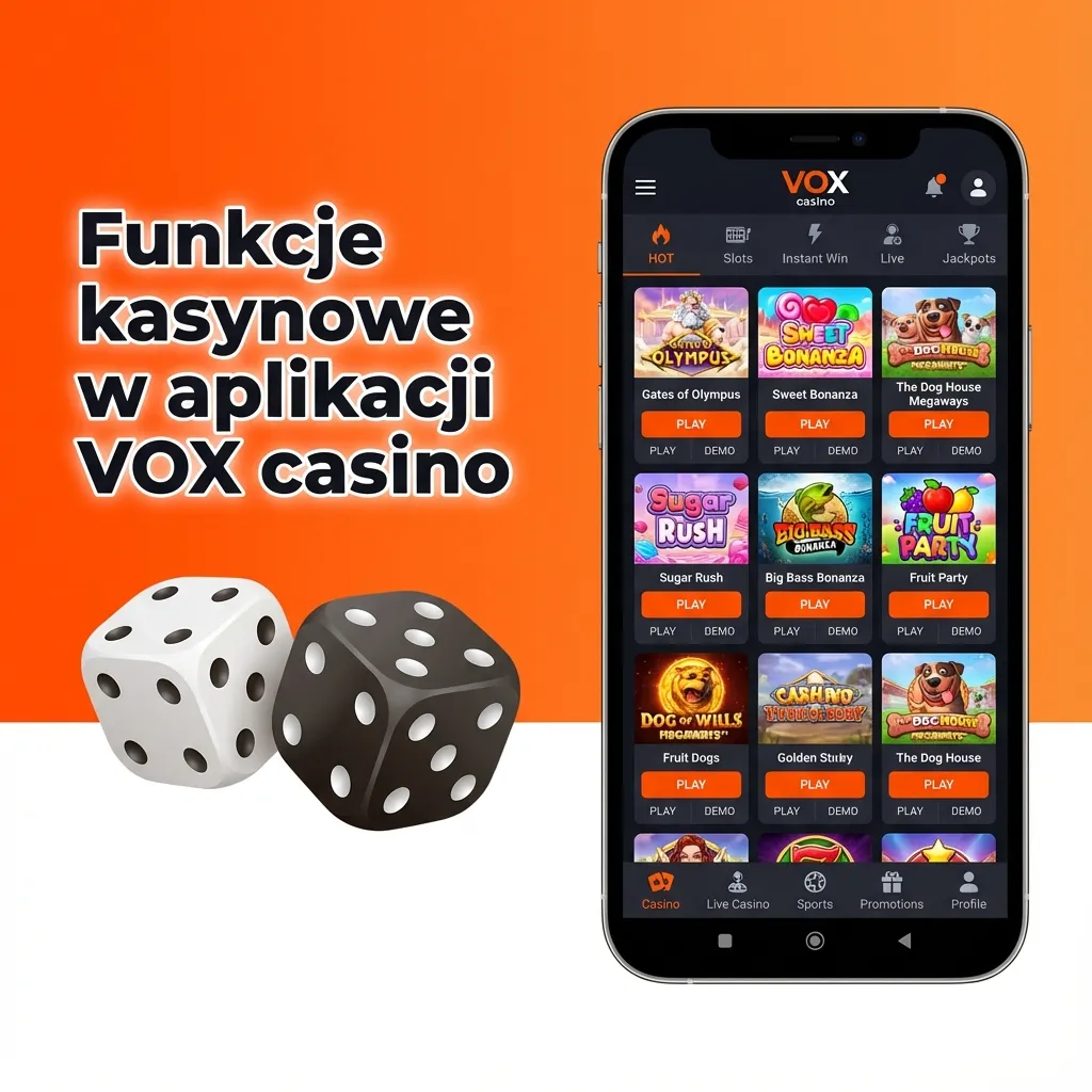 Ekran aplikacji VOX casino z zakładką kasyna, slotami, grami stołowymi i sekcją kasyna na żywo z krupierami