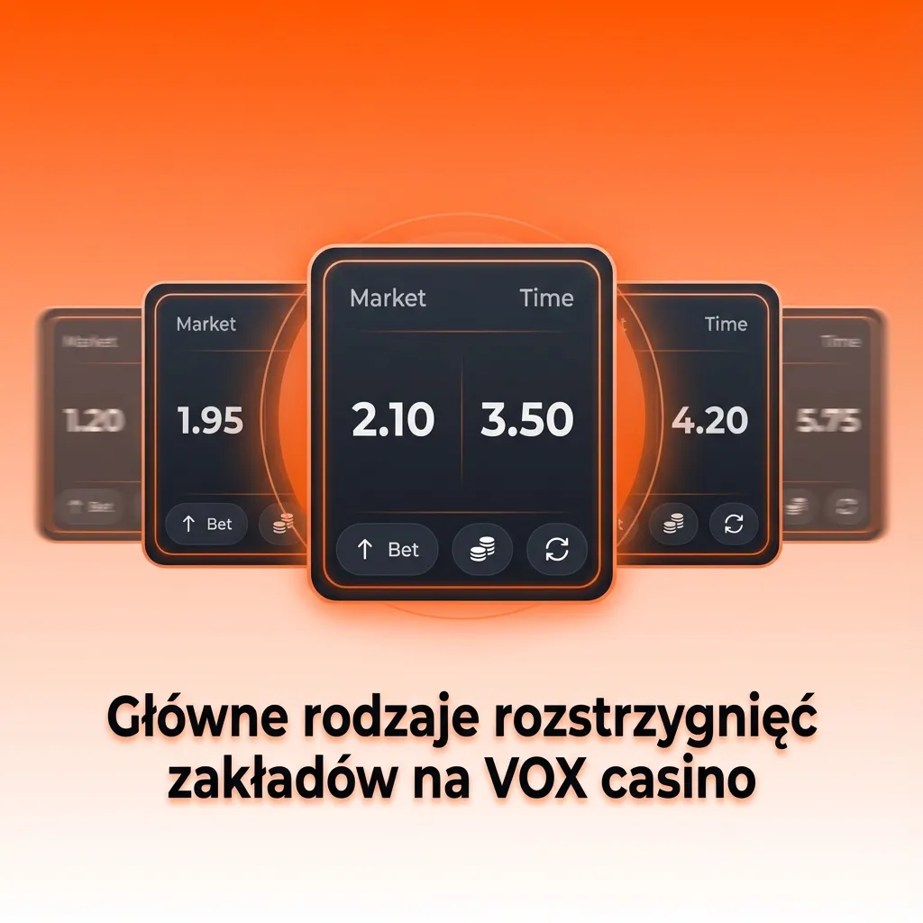Grafika VOX casino przedstawiająca główne rodzaje zakładów sportowych: 1X2, over/under, handicap, BTTS i podwójna szansa