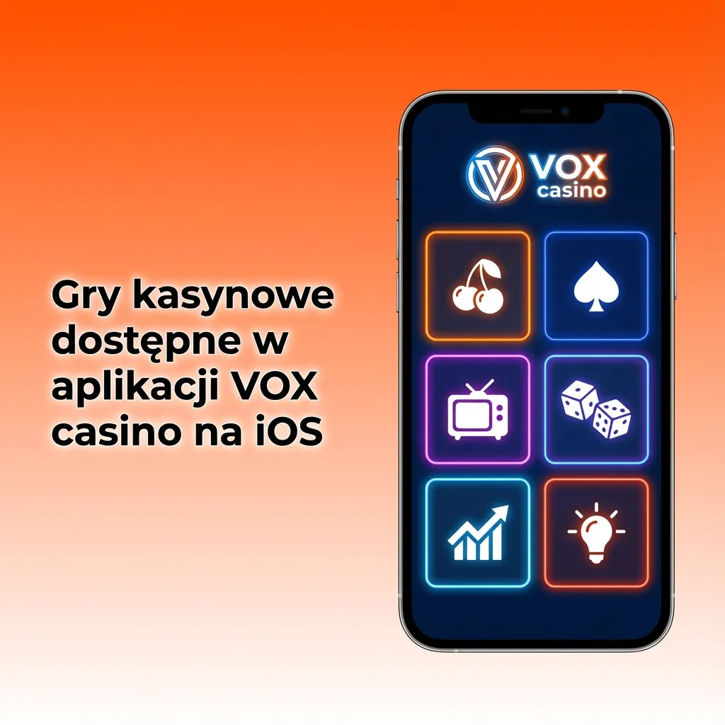 Ekran iPhone’a z aplikacją VOX casino, pokazujący sloty, blackjacka, ruletkę i stoły na żywo w pionie i poziomie