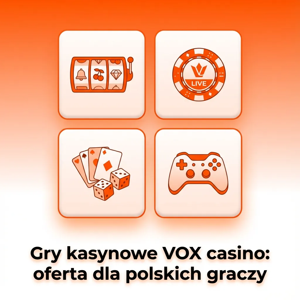 Ekran VOX casino z listą gier kasynowych: sloty, ruletka, blackjack, baccarat, video poker i kasyno na żywo