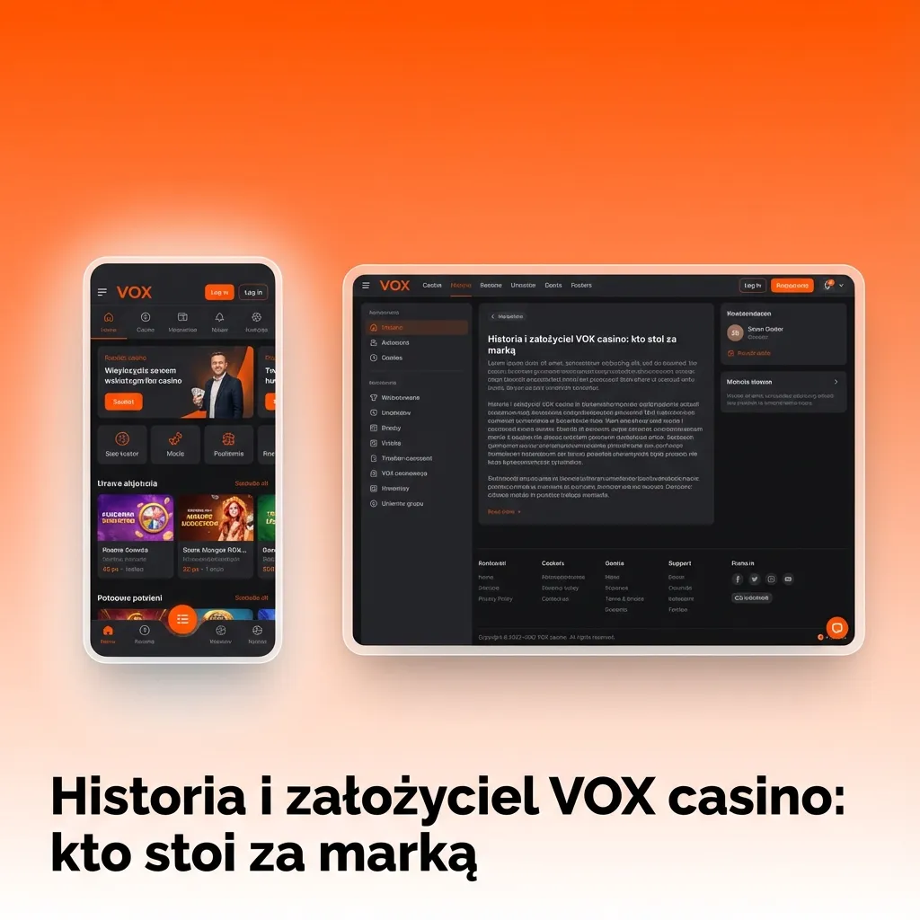 Ilustracja VOX casino: nowoczesne logo marki z datą założenia 2020 i wzmianką o założycielu Janie Kowalskim