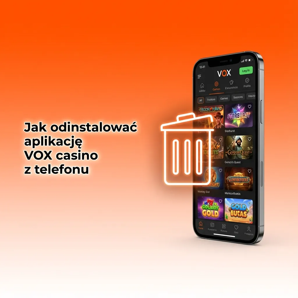 Instrukcja usuwania aplikacji VOX casino z ekranu telefonu z widocznymi ikonami Android i iPhone