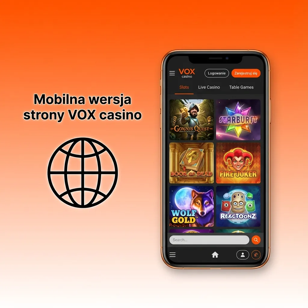 Ekran smartfona z mobilną stroną VOX casino, prosty interfejs, duże przyciski i menu zakładów sportowych