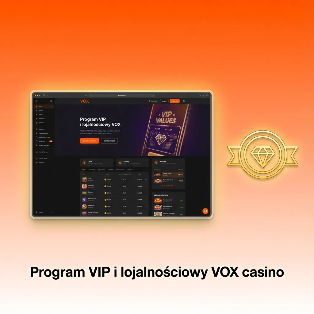 Grafika programu VIP VOX casino: poziomy VIP, punkty za zakłady, bonusy, wyższe limity wypłat i turnieje