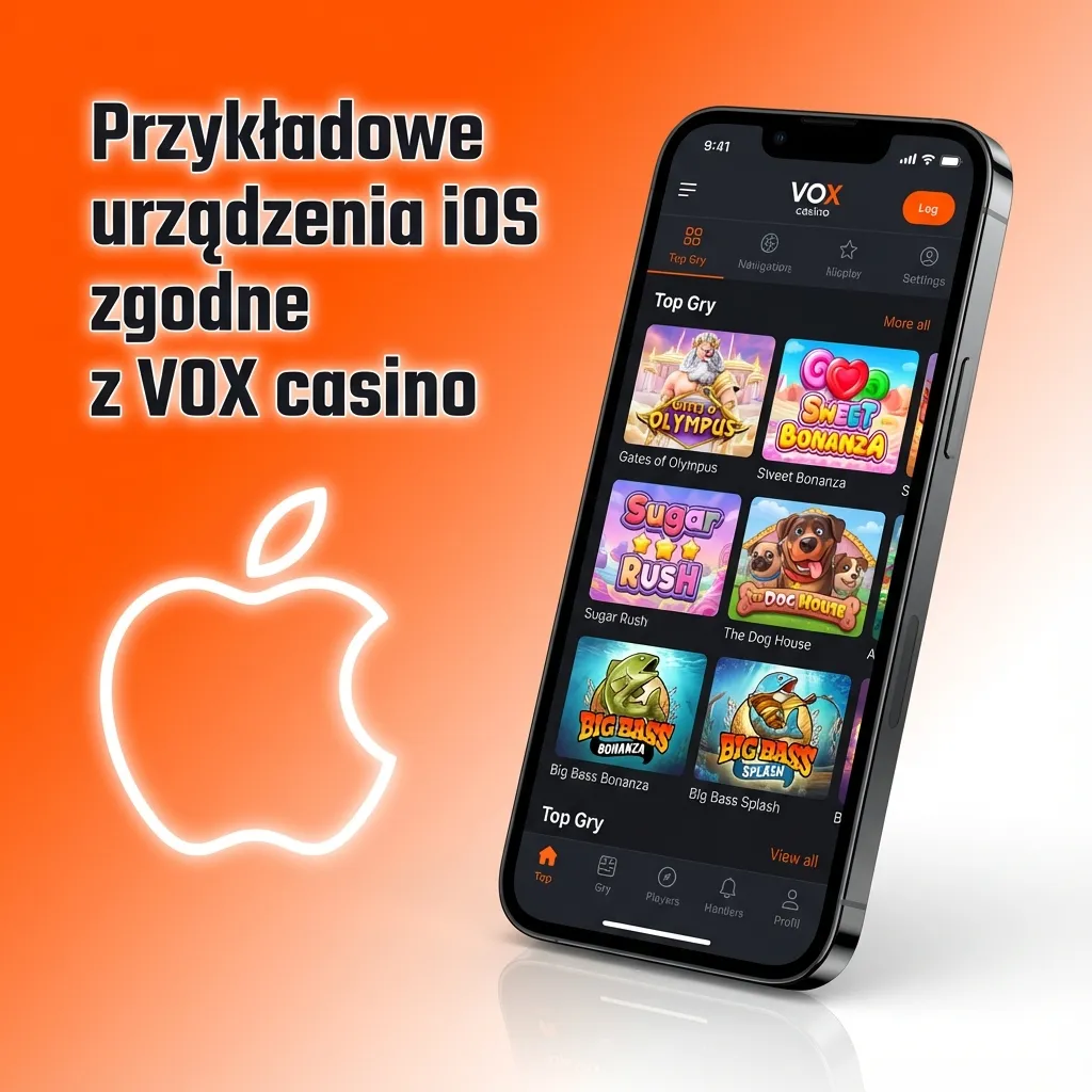 Różne modele iPhone i iPad na białym tle z logo VOX casino, symbolizujące kompatybilne urządzenia iOS