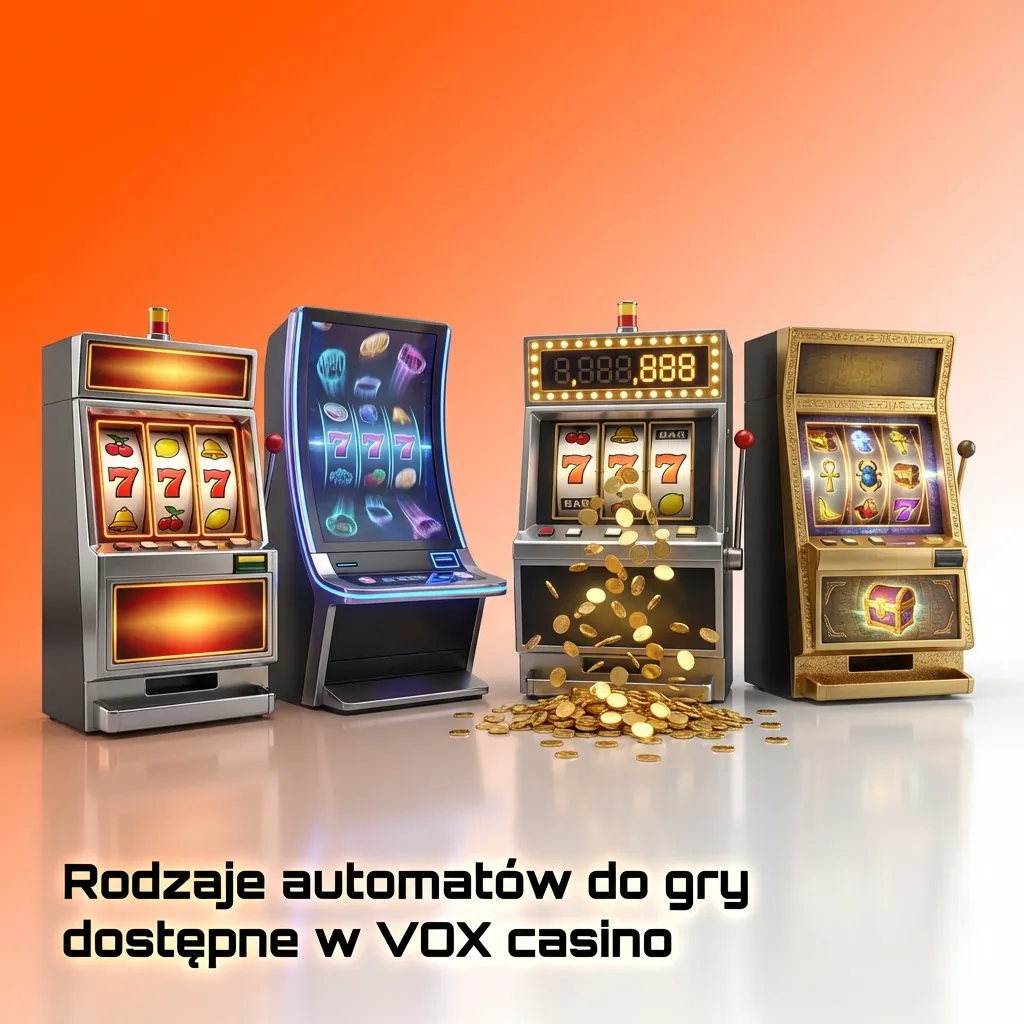 Grafika promocyjna VOX casino z ikonami różnych typów automatów: klasyczne, video, Megaways, jackpot, klastrowe, crash.