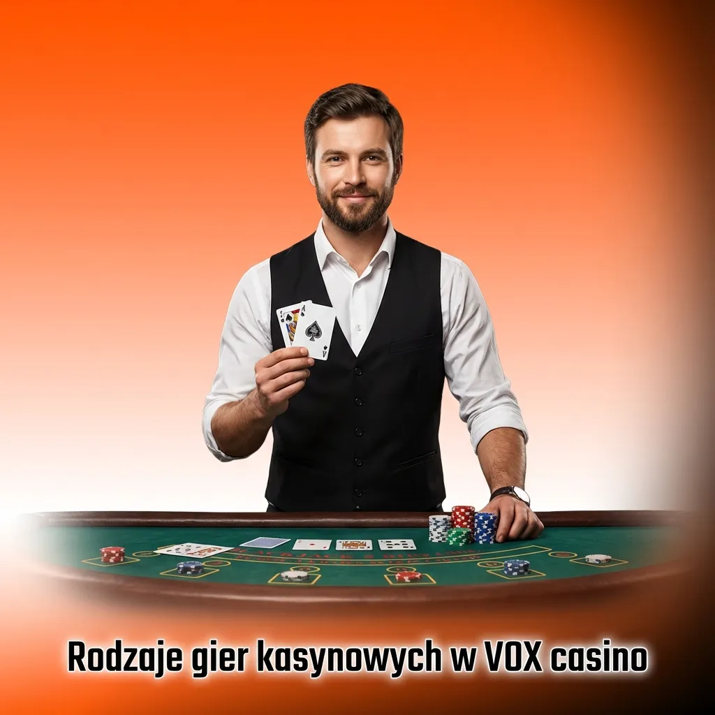 Grafika promująca VOX casino z ikonami slotów, gier stołowych, karcianych, crash, jackpotów i zdrapek