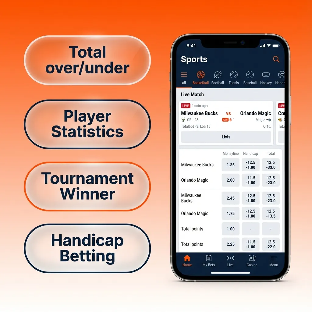 Ekran aplikacji VOX casino z listą rodzajów zakładów: single, AKO, systemowe, na żywo i z handicapem
