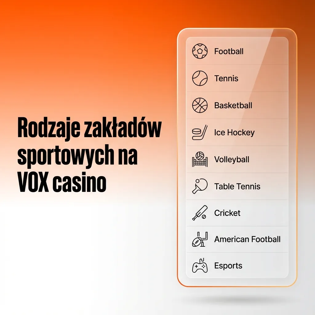 Grafika promująca zakłady sportowe VOX casino: piłka nożna, siatkówka, koszykówka, tenis i żużel.