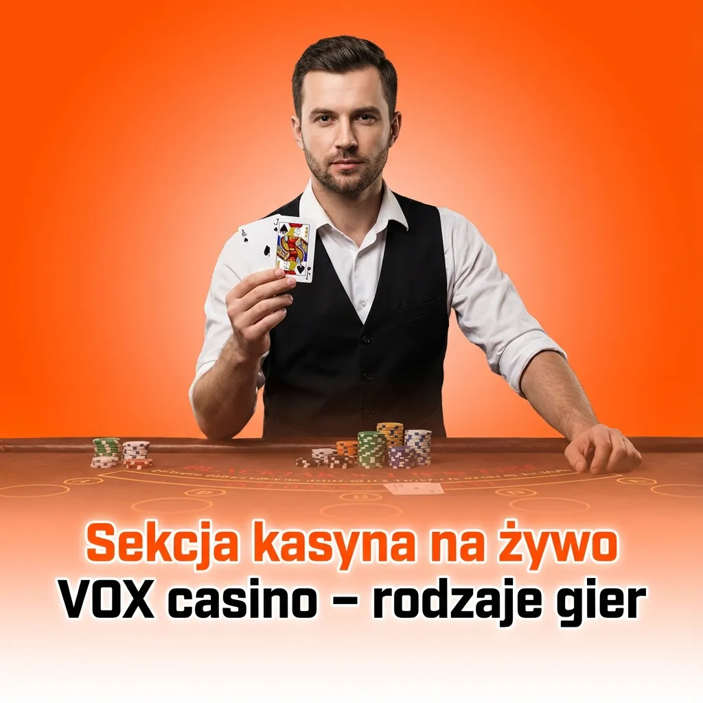 Interfejs VOX casino live z kategoriami ruletki, bakarata, blackjacka, pokera, gier TV i specjalnych stołów