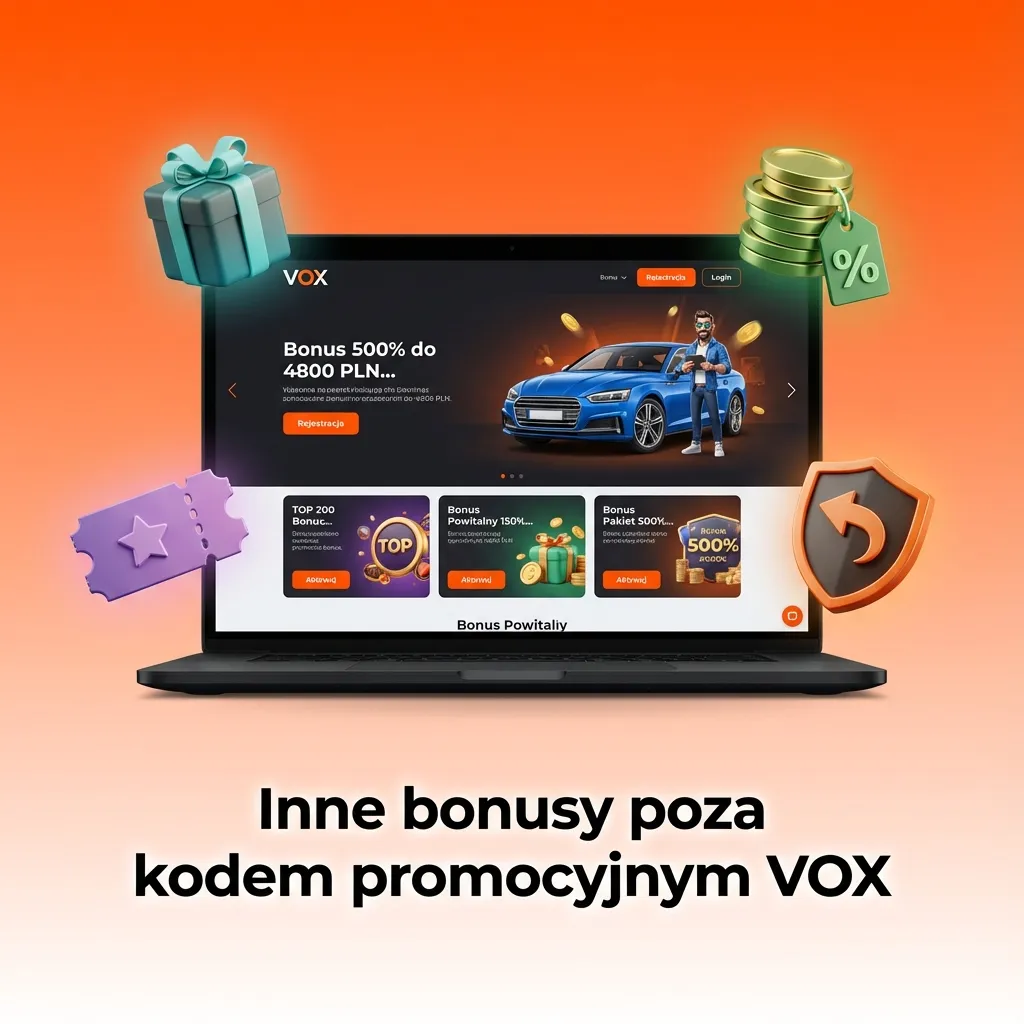 Grafika promująca inne bonusy VOX: reload tygodniowy, darmowe spiny, cashback i program VIP dla graczy