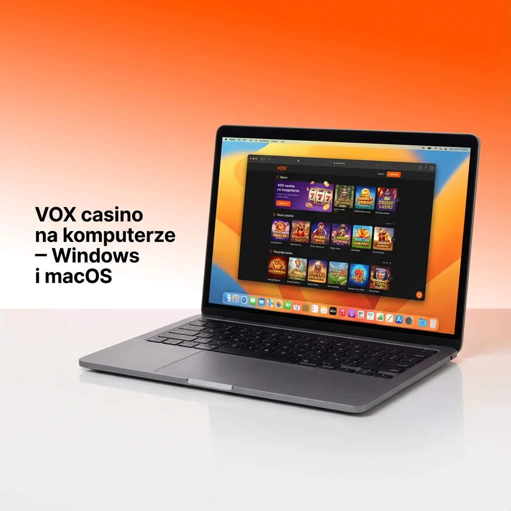 Ekran komputera z otwartą stroną VOX casino, pokazujący logowanie, zakłady sportowe i gry kasynowe w przeglądarce