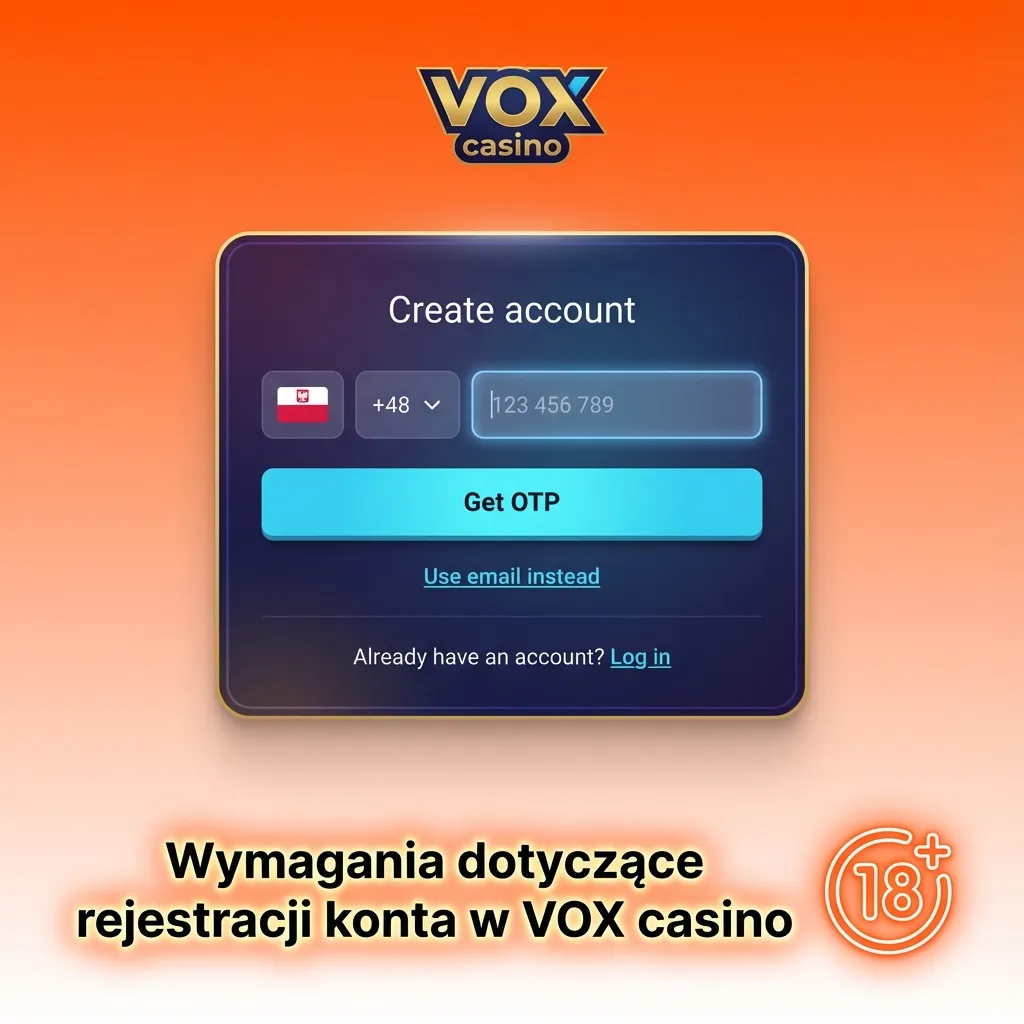 Grafika informacyjna o wymaganiach rejestracji konta w VOX casino: pełnoletność, prawdziwe dane, jedno konto, akceptacja regulaminu