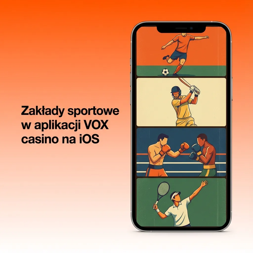 Ekran iPhone’a z aplikacją VOX casino pokazującą zakłady sportowe na piłkę nożną, tenis, koszykówkę i esport.