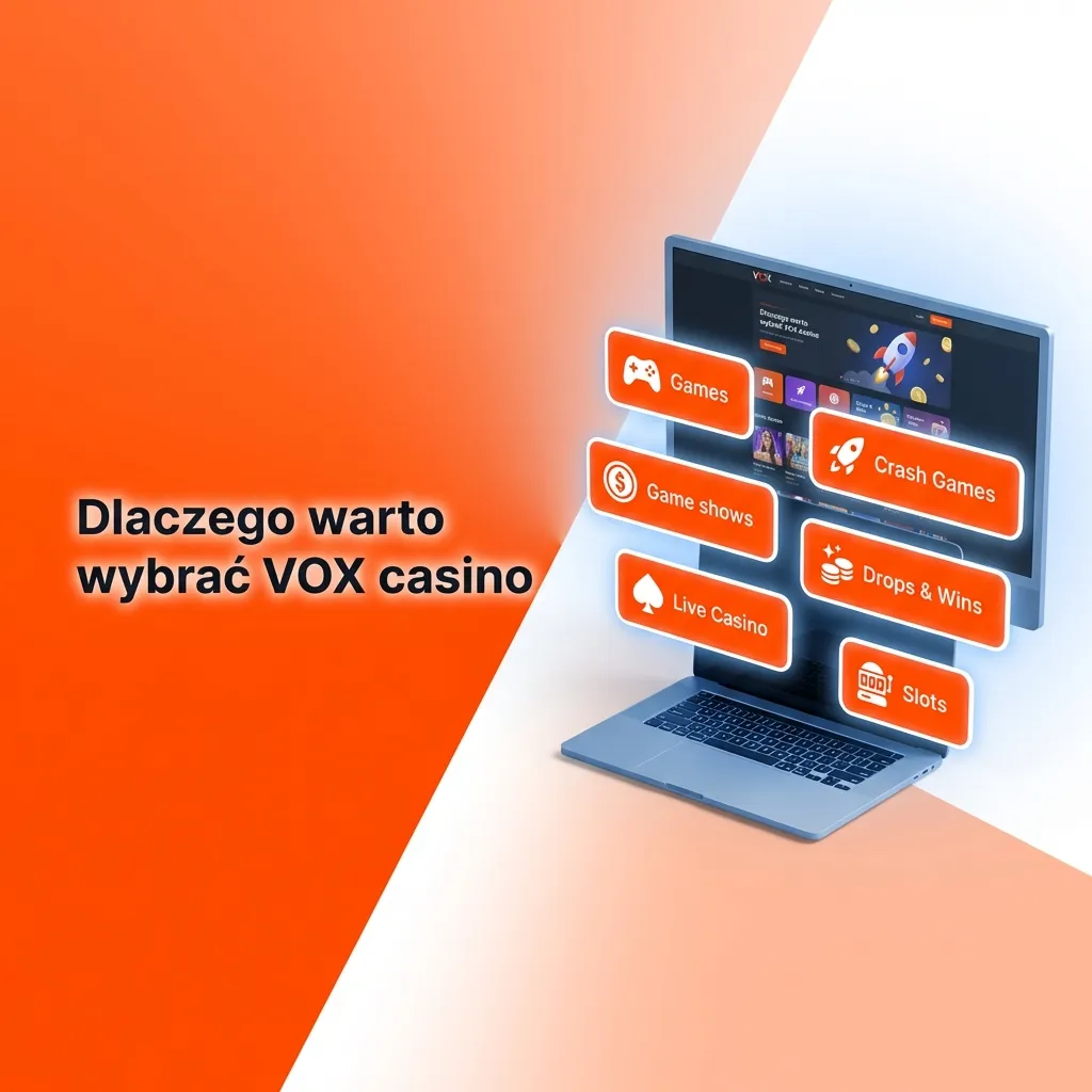 Grafika promująca VOX casino: polski interfejs, lokalne płatności, bonus powitalny i oferta zakładów oraz kasyna online